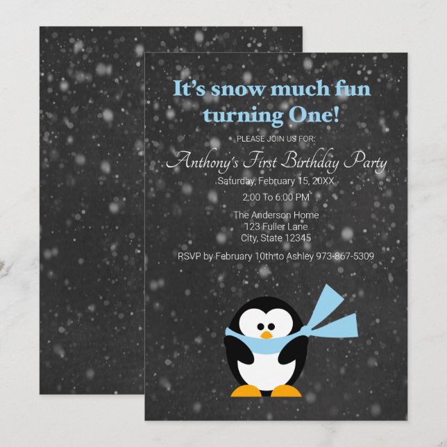 Invitación Un Pingüino Cuto Nieve Muy Divertido Un Cumpleaños (Anverso / Reverso)
