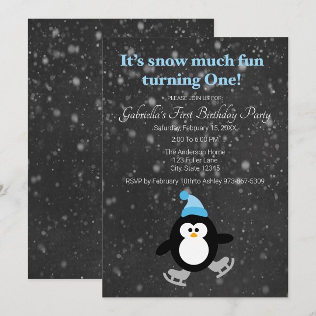 Invitación Un Pingüino Cuto Nieve Muy Divertido Un Cumpleaños (Anverso / Reverso)