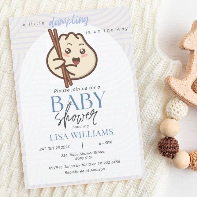 Invitación Un poco de agitación en el Baby Shower asiático de (Little Dumpling Is On Its Way Dusty Blue Cute Kawaii Asian Baby Shower Invitation)