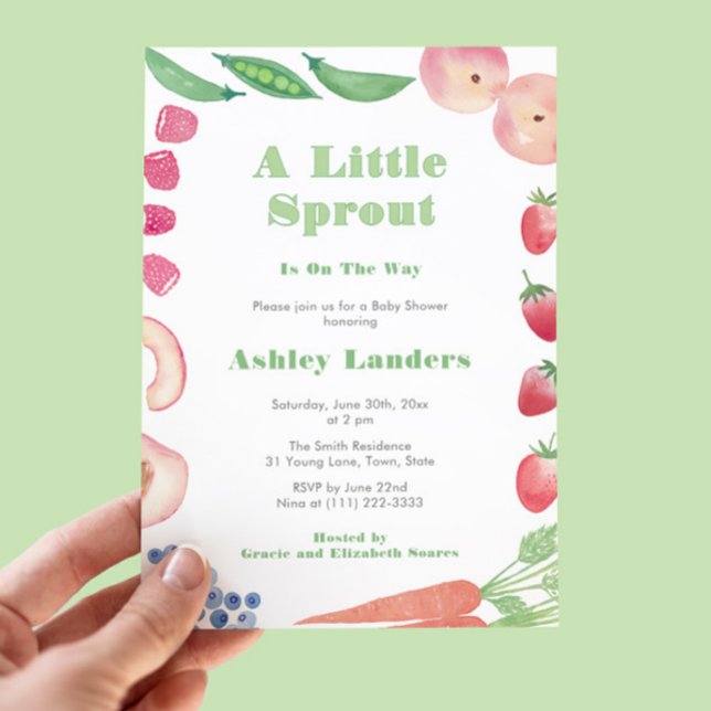 Invitación Un poco de agricultores de brotes comercializan Ba (A Little Sprout Gender Neutral Farmers Market theme baby shower with original watercolor art)