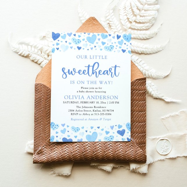 Invitación Un poco de amor azul San Valentín Baby Shower (Watercolor Cute A Little Sweetheart Baby Blue Boy Hearts Valentine Baby Shower Invitation)