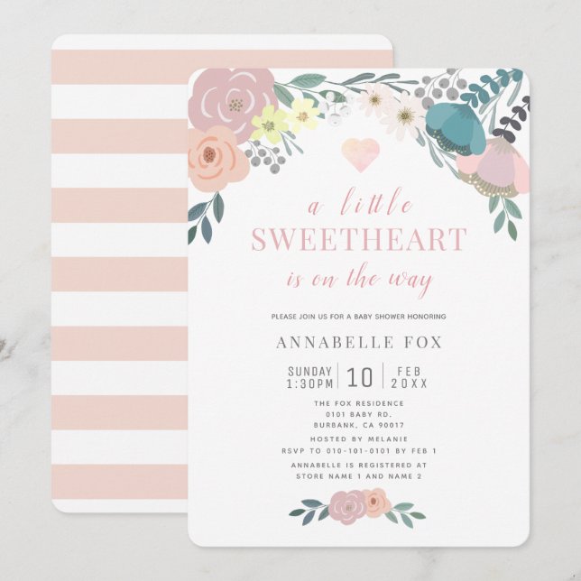Invitación Un poco de amor, floral, el Baby Shower de San Val (Anverso / Reverso)