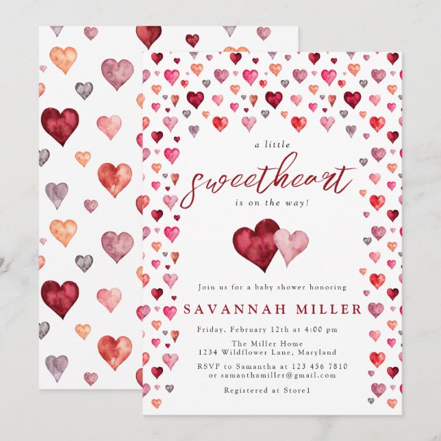 Invitación Un poco de amor, Valentine Hearts Baby Shower (Anverso / Reverso)