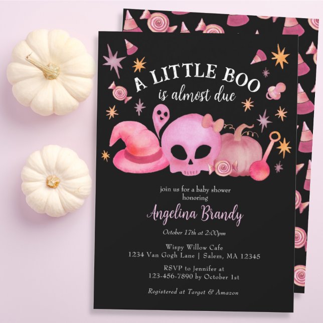 Invitación Un poco de Baby Shower negro y rosa de Halloween (Subido por el creador)