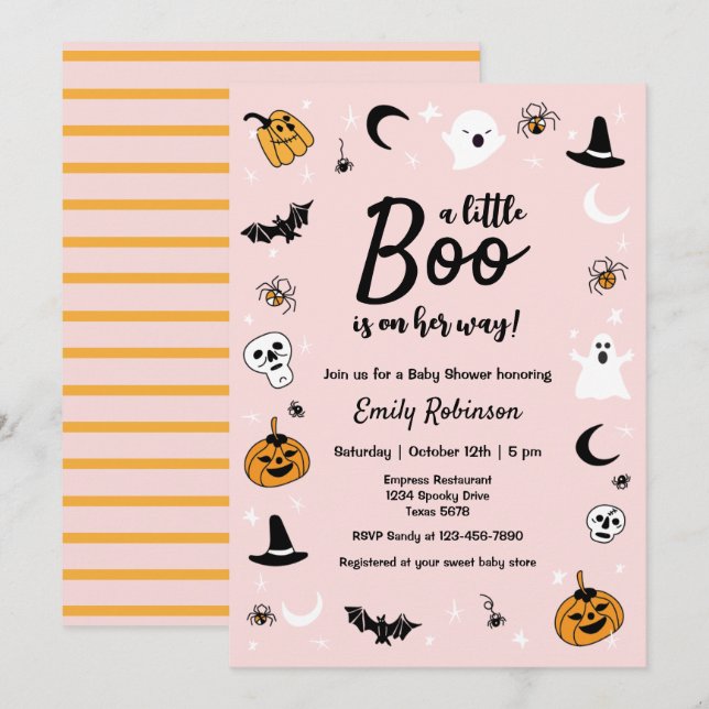 Invitación Un poco de Baby Shower rosado de Halloween (Anverso / Reverso)