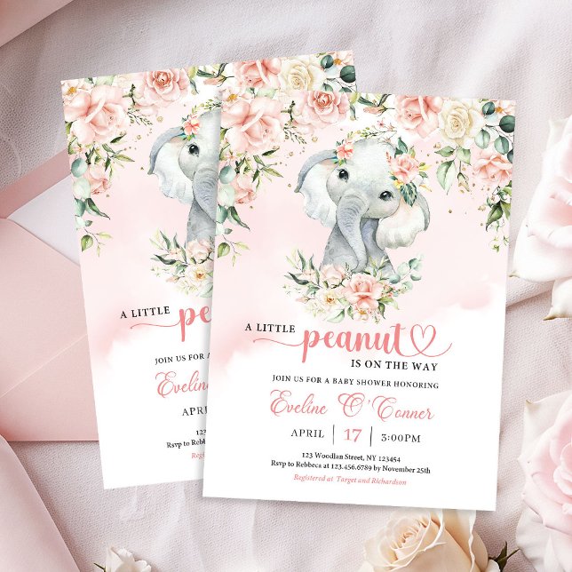 Invitación Un poco de cacahuete bebé elefante ruborizando oro (A little peanut baby elephant blush floral gold invitation)