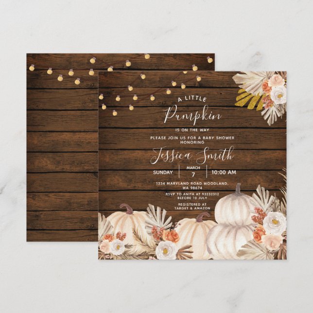 Invitación Un poco de calabaza Boho Baby Shower Wood (Anverso / Reverso)