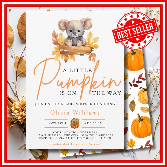 Invitación Un poco de calabaza cae en otoño KOALA Baby Shower (A Little Pumpkin is on the Way Fall Autumn CUTE KOALA BEAR Baby Shower Invitation)