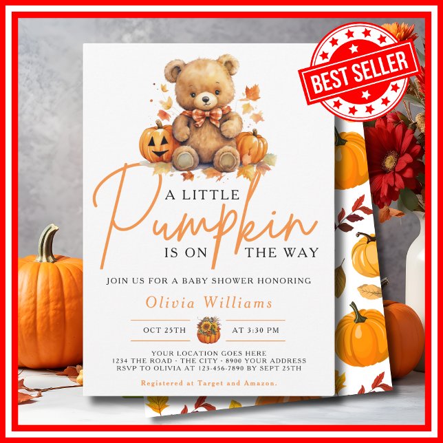 Invitación Un poco de calabaza cae Halloween OSAR Baby Shower (A Little Pumpkin Fall Halloween BEAR Baby Shower Invitation)