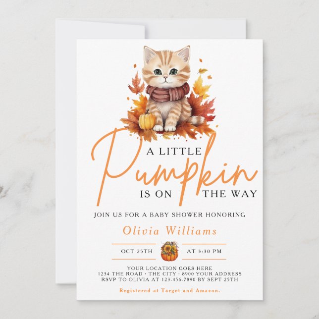 Invitación Un poco de calabaza caen en el gato de otoño Baby  (Anverso)