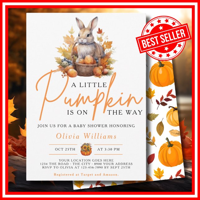 Invitación Un poco de calabaza caen en la Baby Shower RABBIT  (A Little Pumpkin is on the Way Fall Autumn CUTE BUNNY RABBIT Baby Shower Invitation)