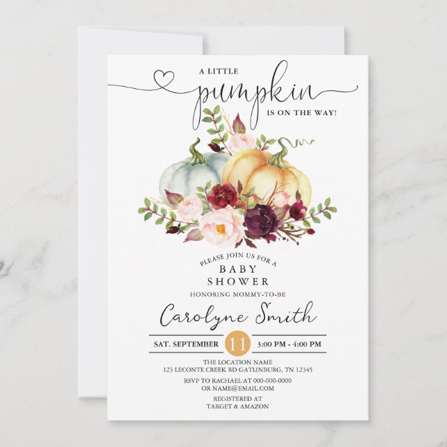 Invitación Un poco de calabaza caída Baby Shower floral (Anverso)