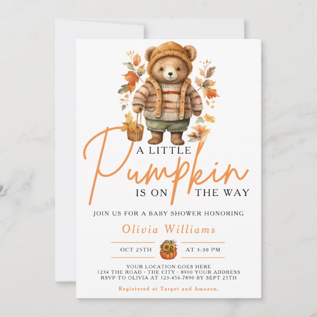Invitación Un poco de calabaza caída Otoño OSO CUTE Baby Show (Anverso)