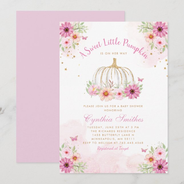 Invitación Un poco de calabaza de Chica floral de otoño Baby  (Anverso / Reverso)