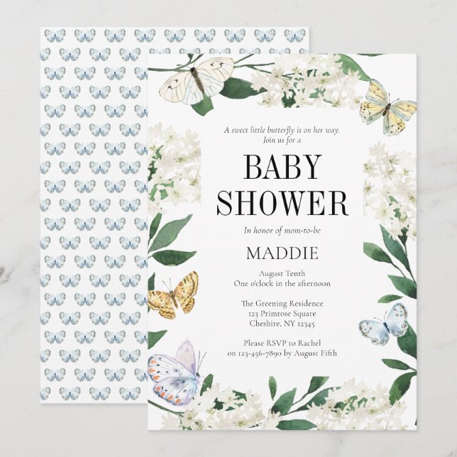 Invitación Un poco de mariposa floral acuarela Baby Shower (Anverso / Reverso)