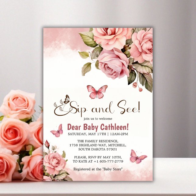 Invitación Un poco de mariposa floral Baby Shower Sip y See (A Little Butterfly Floral Baby Shower Sip and See Invitation)