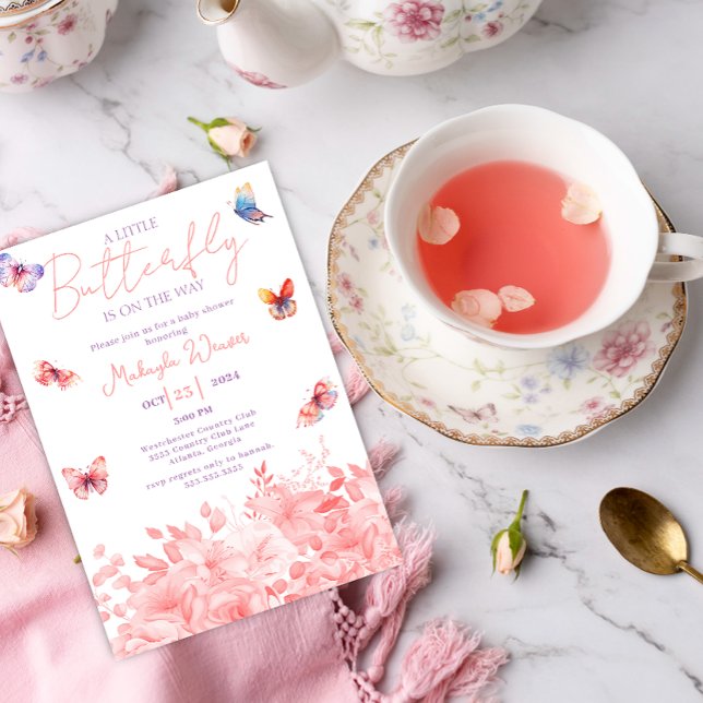 Invitación un poco de mariposa Flores púrpura rosadas Baby Sh (Subido por el creador)