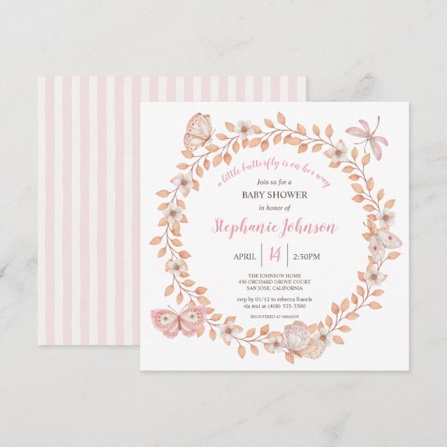 Invitación Un poco de mariposa suave Boho Peach Baby Shower (Anverso / Reverso)
