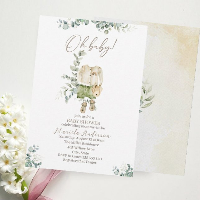 Invitación Un poco de ropa bebé y eucalipto acuarela Bab (Subido por el creador)