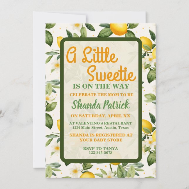 Invitación Un poco dulce tema de limón Baby Shower (Anverso)