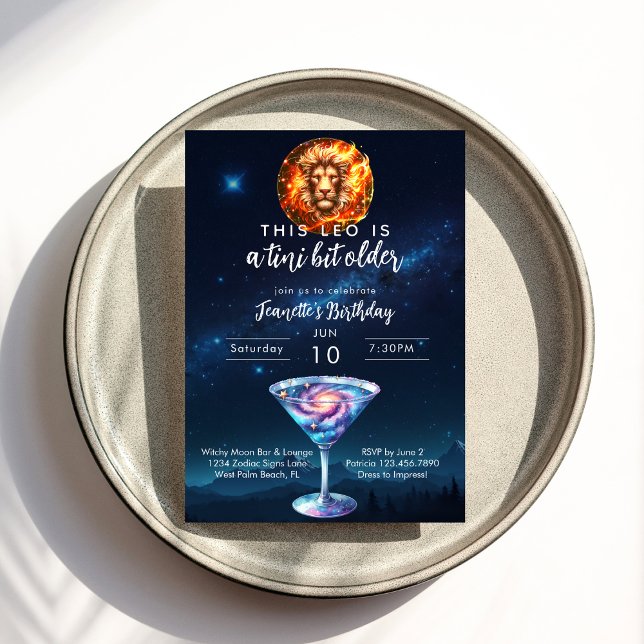 Invitación Un poco mayor cumpleaños Leo Zodiaco Martini (Subido por el creador)