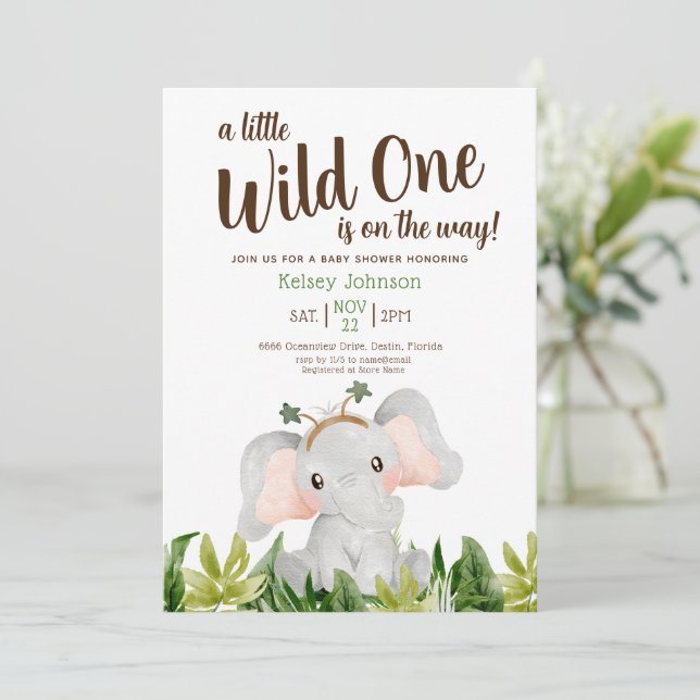 Invitación Un poco salvaje Baby Shower de vegetación elefante (Anverso de pie)