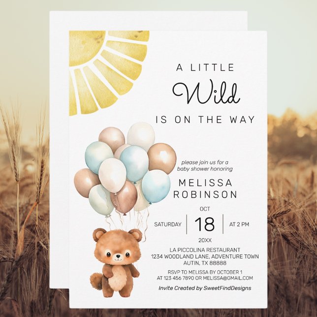 Invitación Un poco salvaje oso oso de globos modernos (A Little Wild Cute Bear Modern Balloons Invitation)