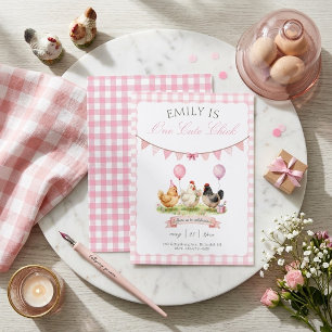 Invitación Un pollito lindo cumple 1 año con gingham rosa