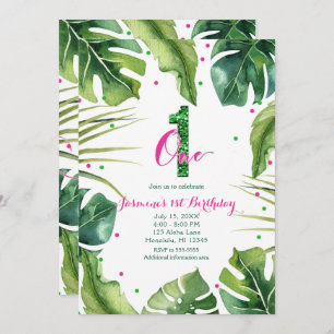Invitación Un primer cumpleaños, hojas tropicales rosas, verd