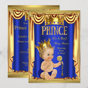 Invitación Un Príncipe Azul Real Baby Shower Niño Dorado Rubi