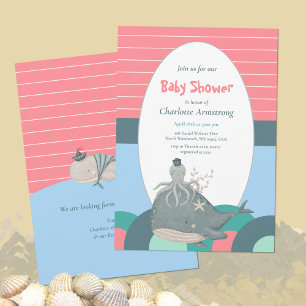 Invitación Un pulpo blanco de ballena náutico Baby Shower ros