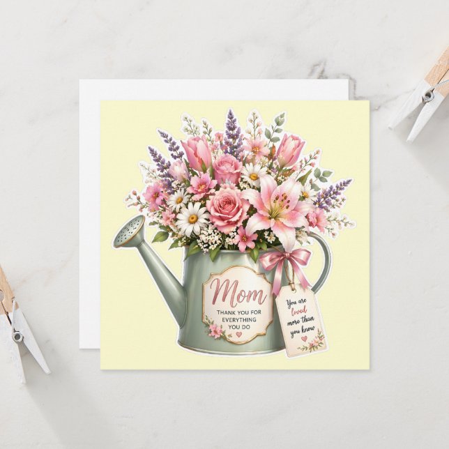 Invitación Un ramo de flores en una regadera para mamá (Anverso/Reverso In Situ)