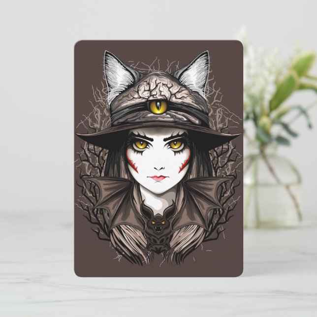 Invitación Un retrato cursi de bruja de Gato de Brujas Hallow (Anverso de pie)