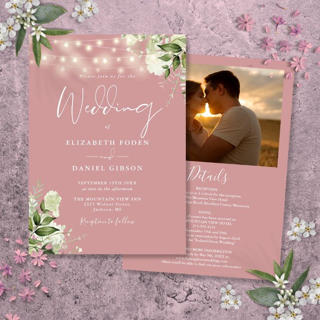 Invitación Un Rosa de  de  y un Boda fotográfico (All In One Dusty Rose Greenery Light Photo Wedding Invitation)