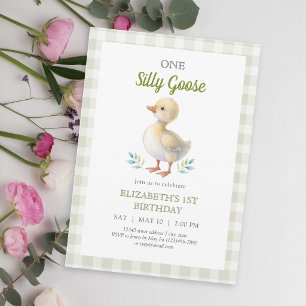 Invitación Un Silly Goose Cumpleaños Bebé Verde Gingham Prime