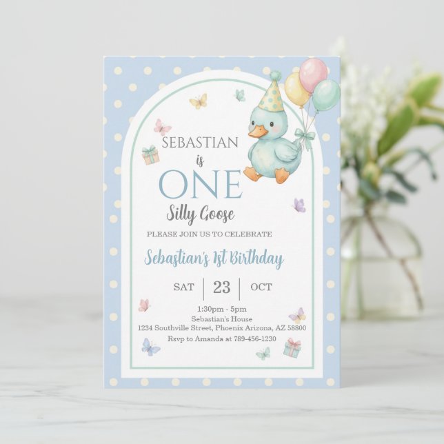 Invitación Un Silly Goose Niño Azul Cumpleaños 1 (Anverso de pie)