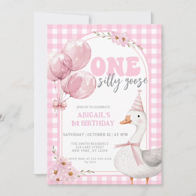 INVITACIÓN UN SILLY GOOSE PINK GINGHAM PRIMER CUMPLEAÑOS (Anverso)