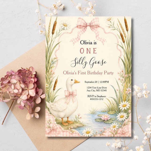 Invitación Un Silly Goose Primer Cumpleaños 1 (One Silly Goose First 1st Birthday party invitation. Pink Gingham Cow, Goose Pond Printed Digital)