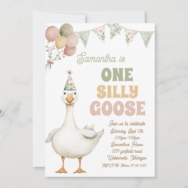 Invitación Un Silly Goose Sage Verde Cumpleaños niña 1  (Anverso)