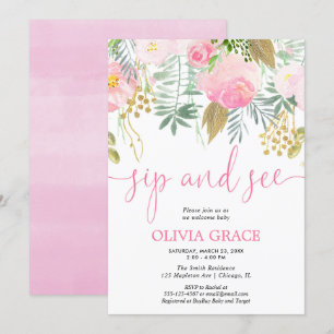 Invitación Un sorbo de color rosa y dorado con flores y ver a