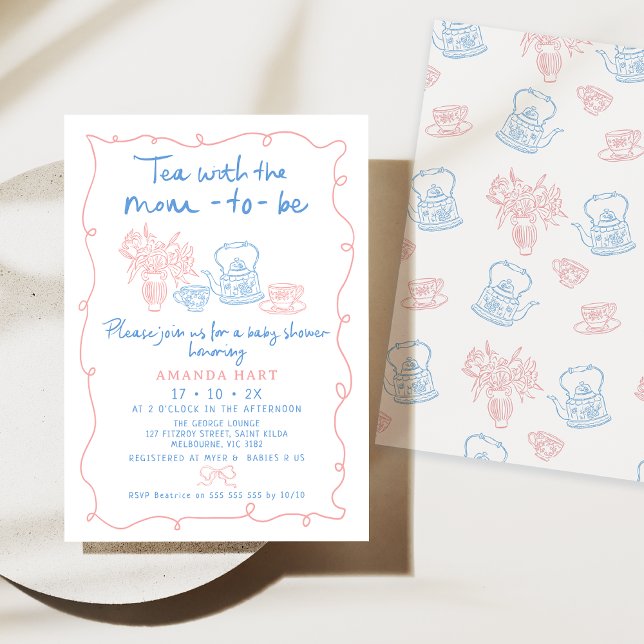 Invitación Un Té Con Mamá Para Ser Baby Shower. (Whimsical Hand Drawn Illustration Baby Shower Invitation, Baby Pink Blue Tea Baby Shower Invitation)