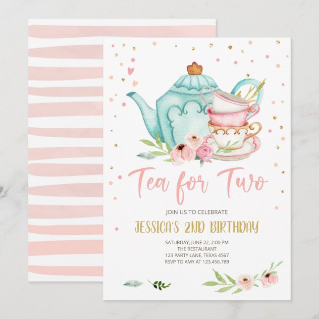 Invitación Un té para dos cumpleaños invita a un Chica Fiesta (Anverso / Reverso)