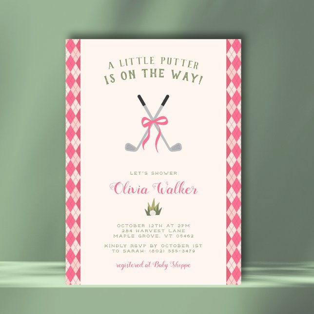 Invitación Un tema de golf Little Putter Preppy rosa argyle p (Sweet golf theme with a girly twist. Preppy argyle back for extra charm.)