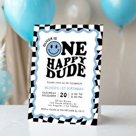 Invitación Un tío feliz Blue Smile Face Boy primer cumpleaños