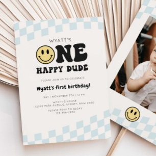 Invitación Un tío feliz Cheques Sonrientes Primer Cumpleaños