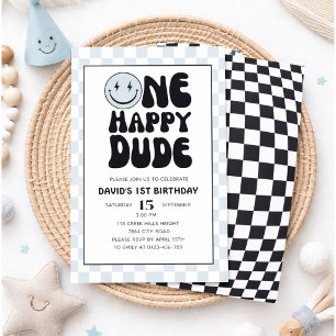 Invitación Un tipo feliz azul cara feliz niño primer cumpleañ