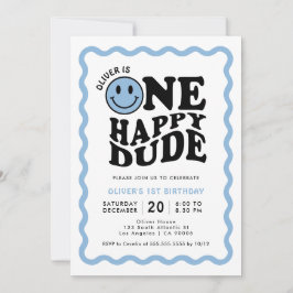 Invitación Un tipo feliz azul Face Boy primer cumpleaños