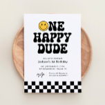 Invitación Un tipo feliz Cheques Cara feliz Primer Cumpleaños<br><div class="desc">Invitar a amigos y familiares a celebrar el cumpleaños de tu pequeña con esta invitación temática de 'un tipo feliz'.</div>