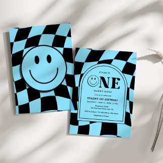 Invitación Un tipo feliz Face Blue Boy primer cumpleaños