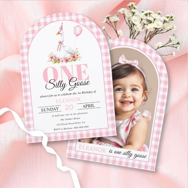 Invitación Un tonto ganso, chica de gingham rosa, primer cump (Subido por el creador)